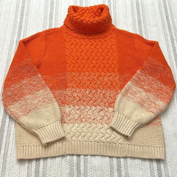 525 America Womens Knit Ombre Sweater Turtleneck Orange Cream Size M 100% Cotton