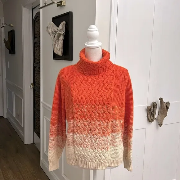 525 America Womens Knit Ombre Sweater Turtleneck Orange Cream Size M 100% Cotton