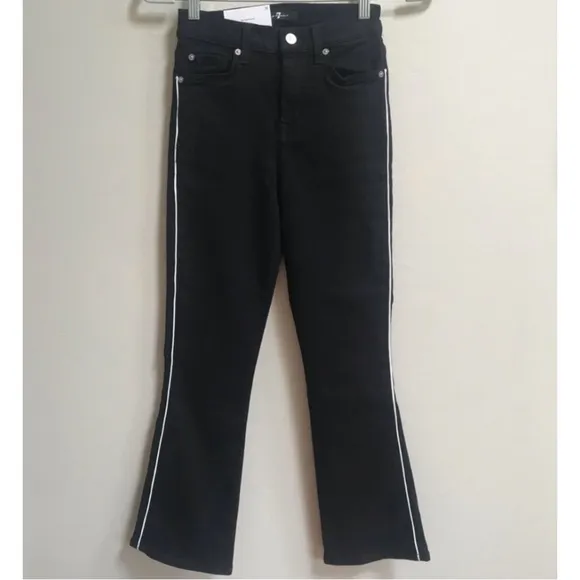 7 For All Mankind Jet Black Piped High Waist Slim Kick Crop Jeans