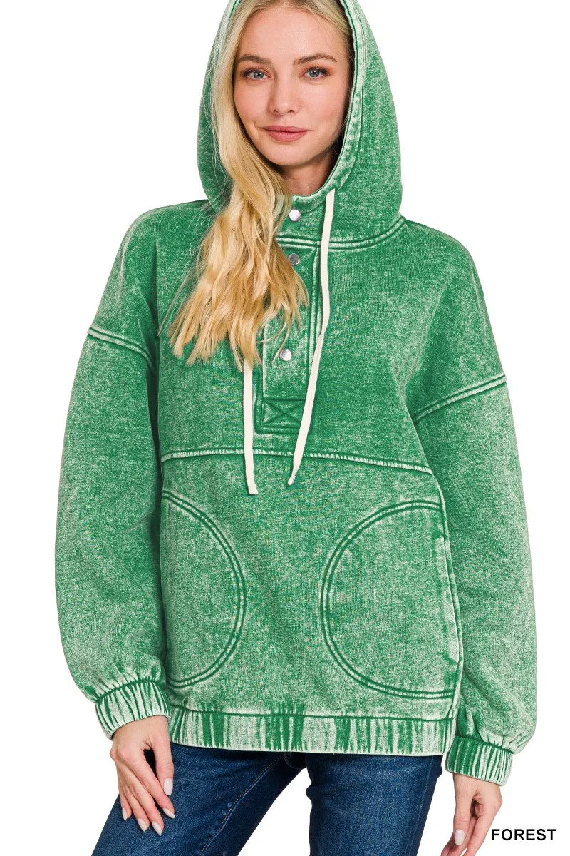 ACID WASH FLEECE OVERSIZED POCKET HOODIE