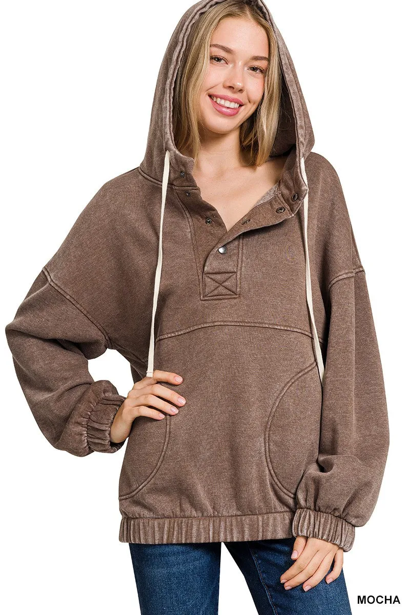 ACID WASH FLEECE OVERSIZED POCKET HOODIE