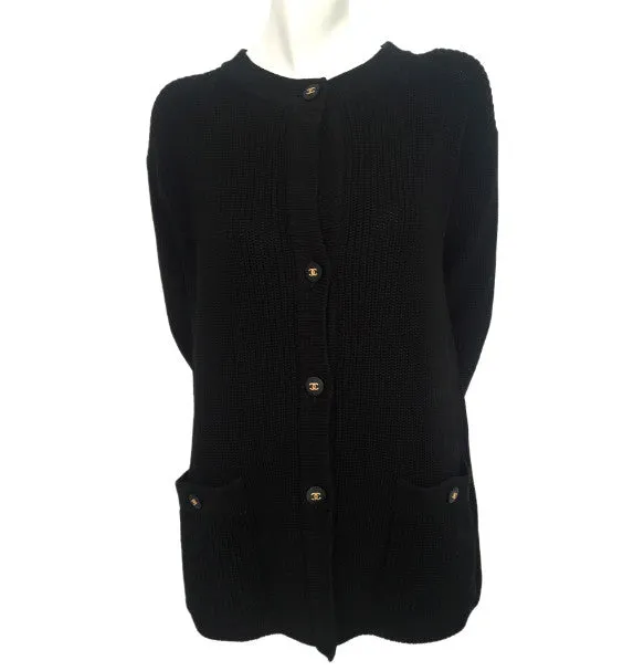 Authentic Chanel Classic Black Wool Blend Cardigan Sweater Jacket Size 36
