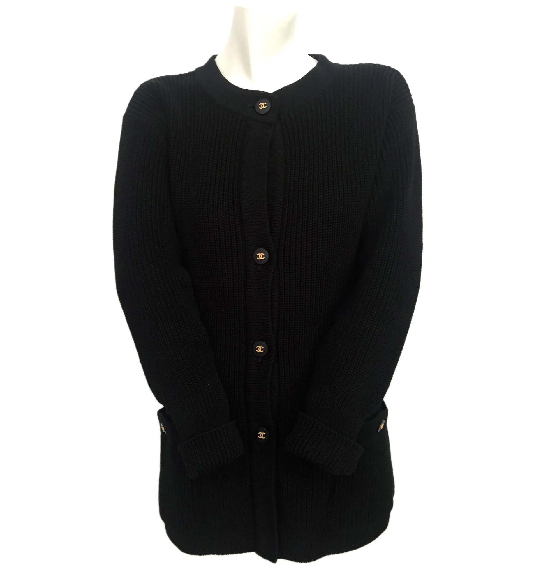Authentic Chanel Classic Black Wool Blend Cardigan Sweater Jacket Size 36