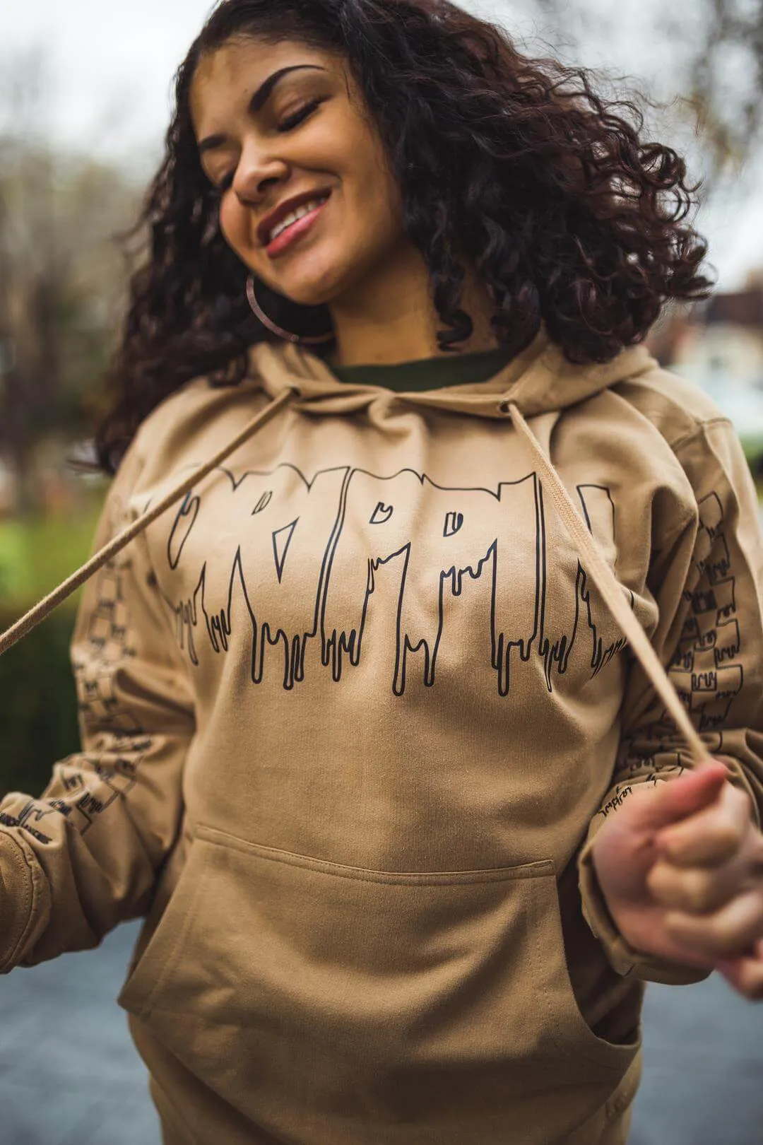 Black Drippin Outline | Caramel Hoodie (Outline Checkered Drippin Sleeves)