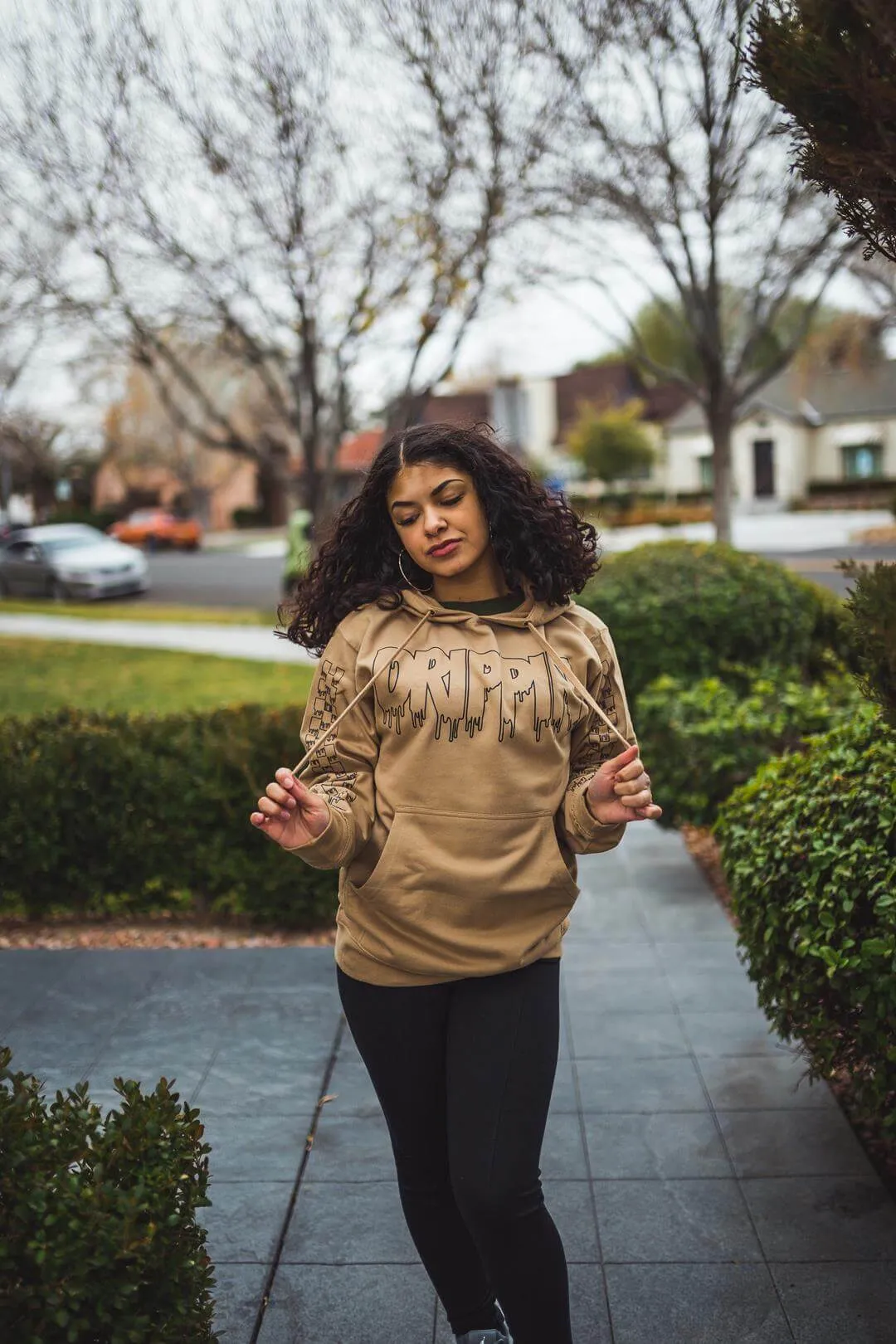 Black Drippin Outline | Caramel Hoodie (Outline Checkered Drippin Sleeves)