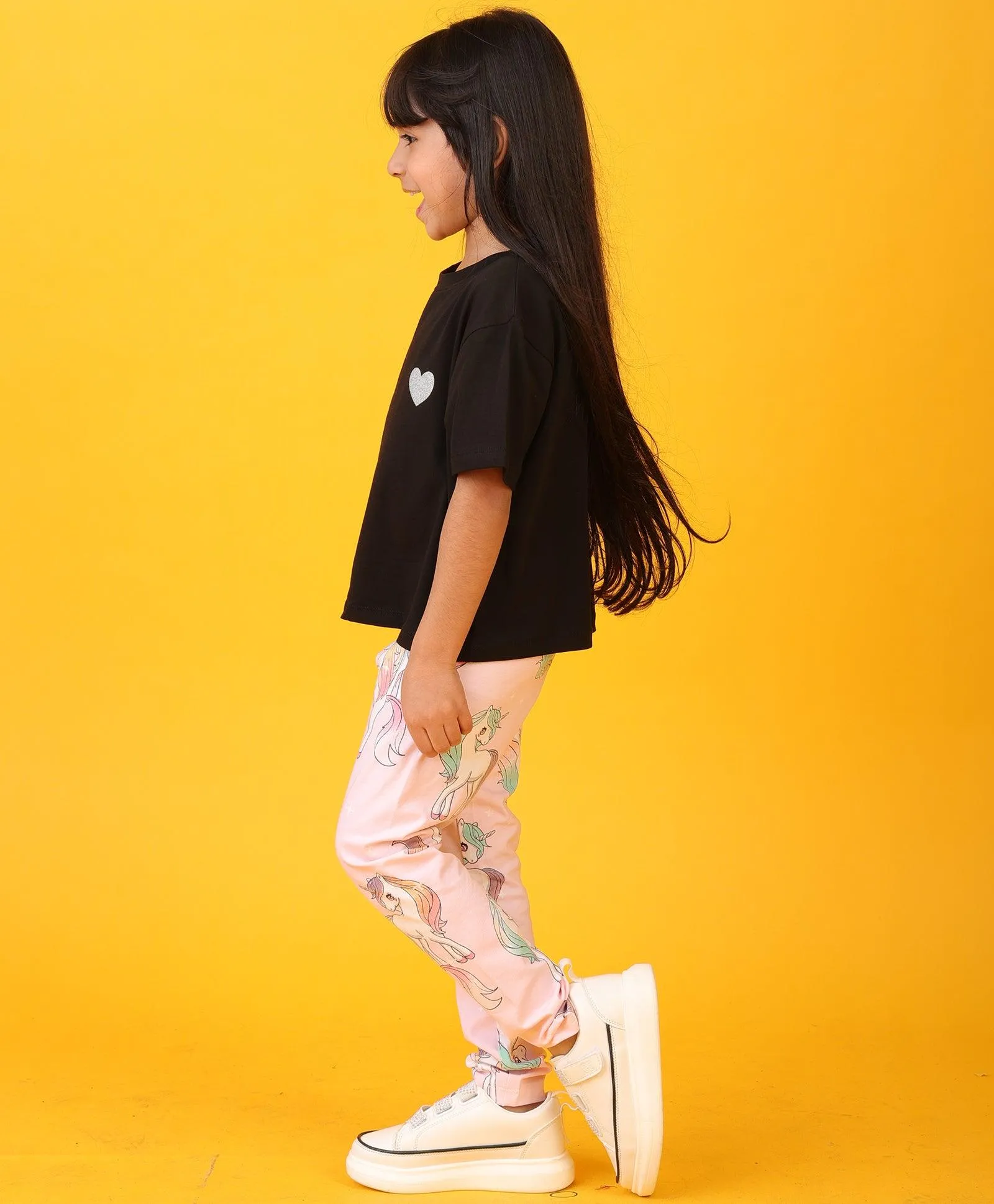 BLACK HEART UNICORN STAR LEGGING SET - BLACK/PINK