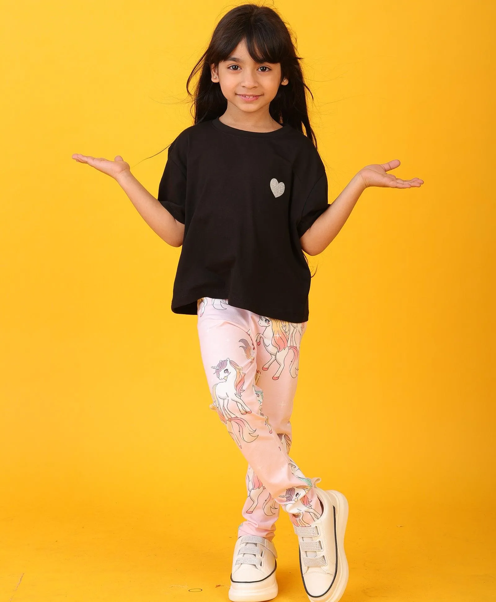BLACK HEART UNICORN STAR LEGGING SET - BLACK/PINK