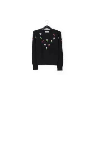 Black pointelle-knitted sweater with floral embroideries