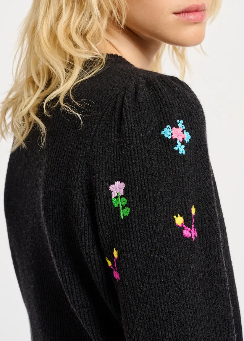 Black pointelle-knitted sweater with floral embroideries