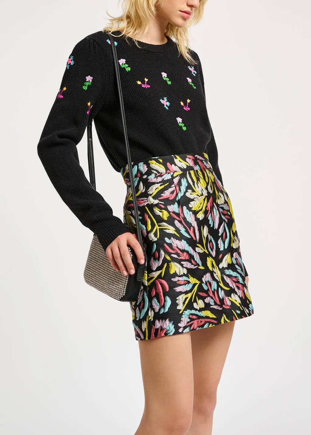 Black pointelle-knitted sweater with floral embroideries