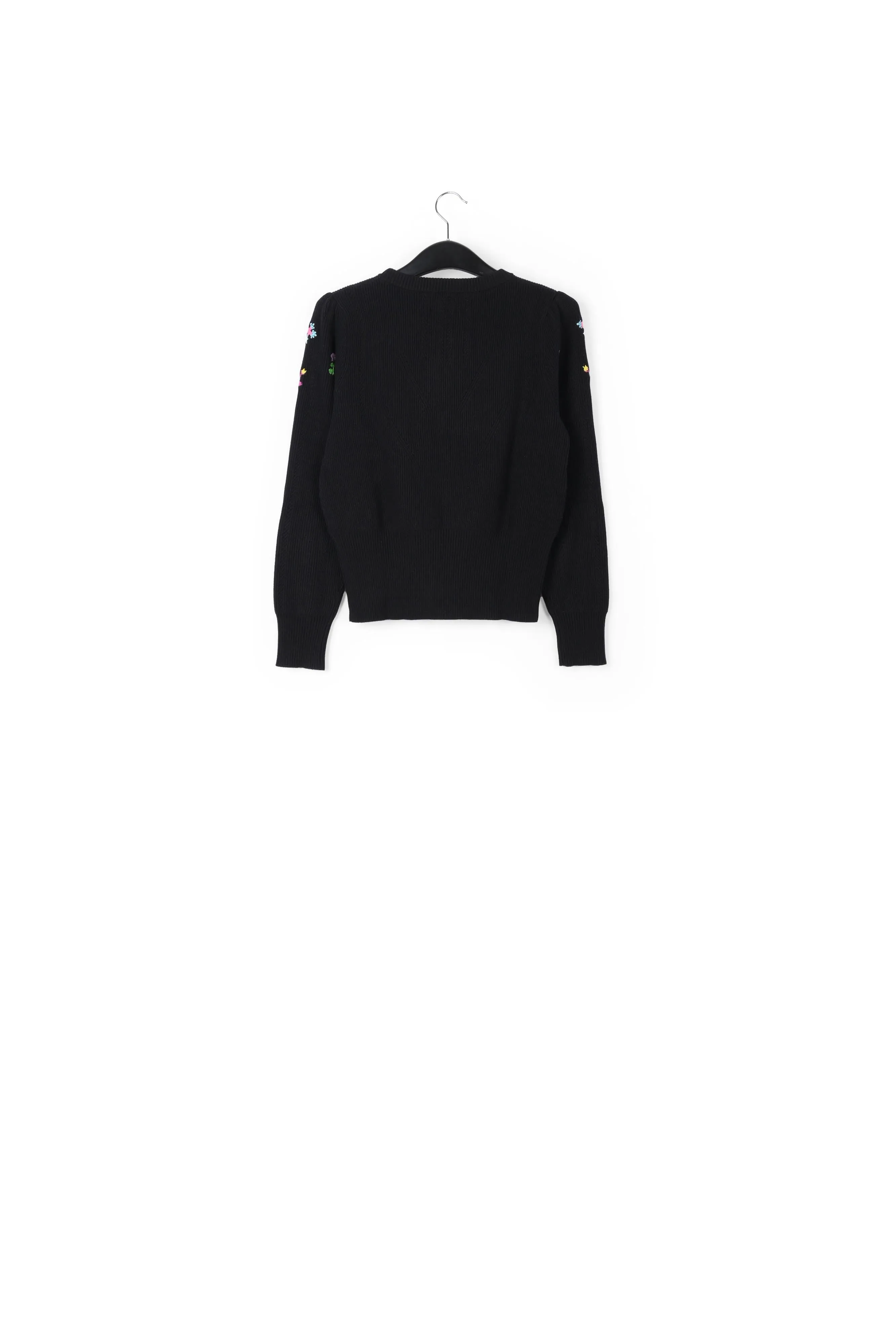 Black pointelle-knitted sweater with floral embroideries