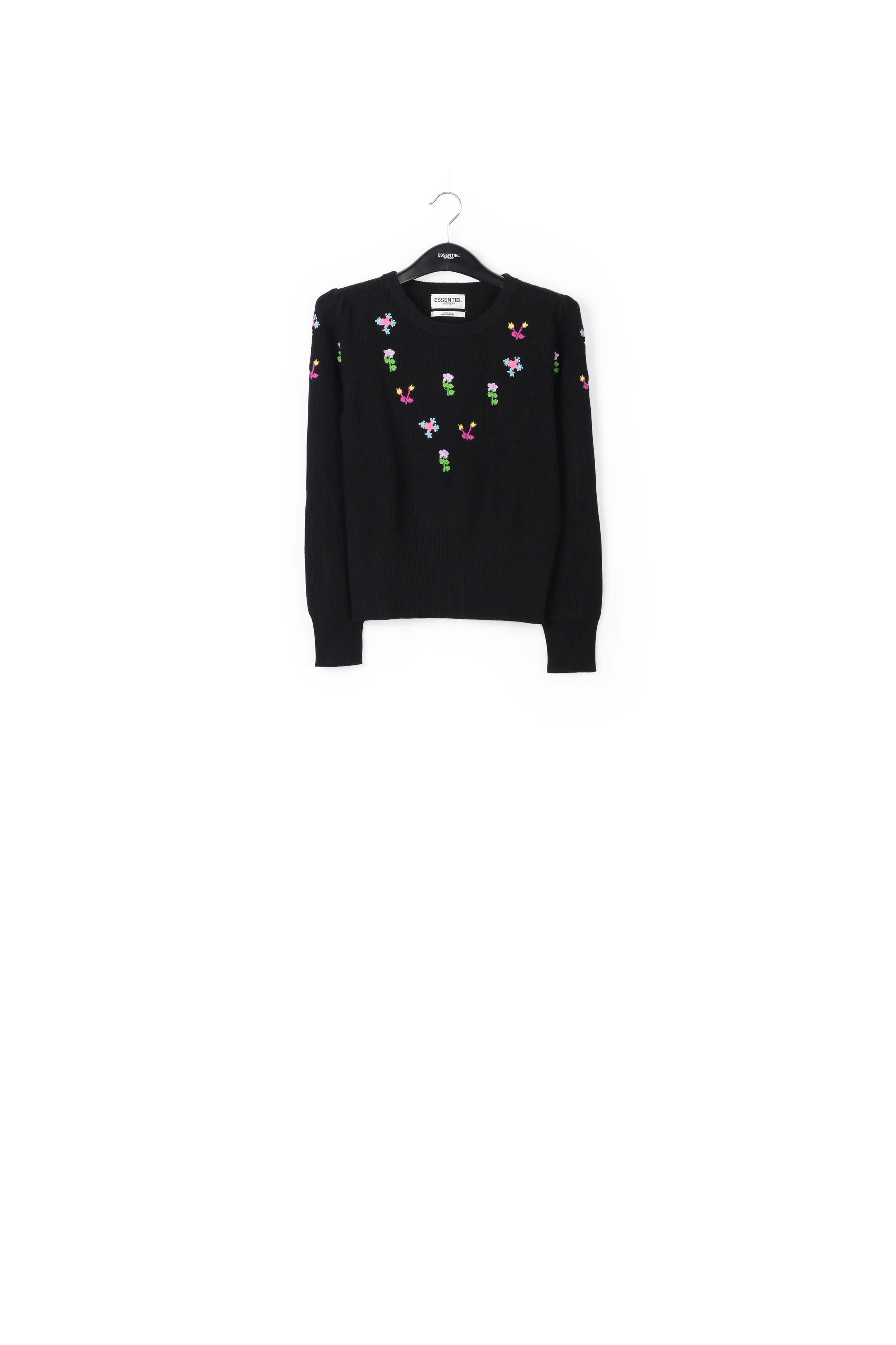 Black pointelle-knitted sweater with floral embroideries