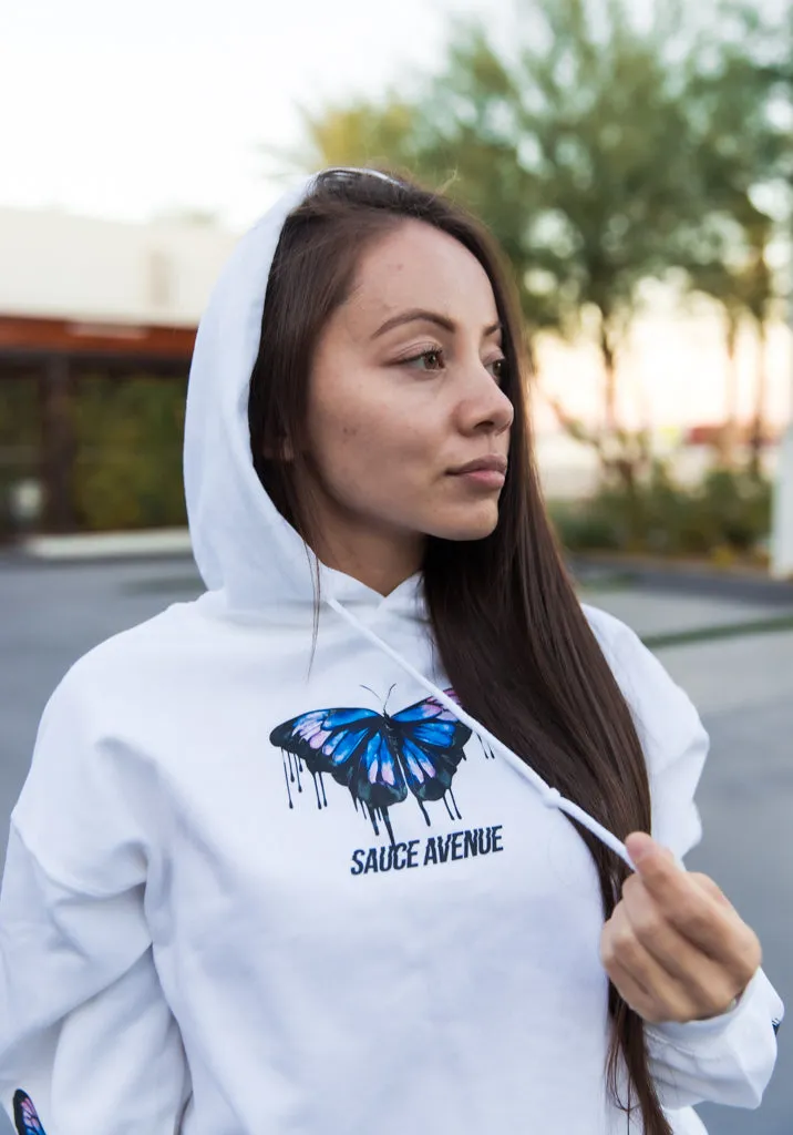Blue Black Calm & Power Butterfly Drip | White Hoodie (Sleeves)