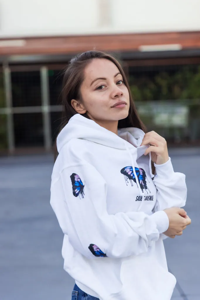 Blue Black Calm & Power Butterfly Drip | White Hoodie (Sleeves)