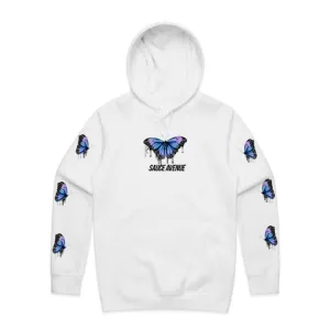 Blue Black Calm & Power Butterfly Drip | White Hoodie (Sleeves)