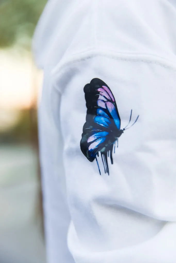Blue Black Calm & Power Butterfly Drip | White Hoodie (Sleeves)