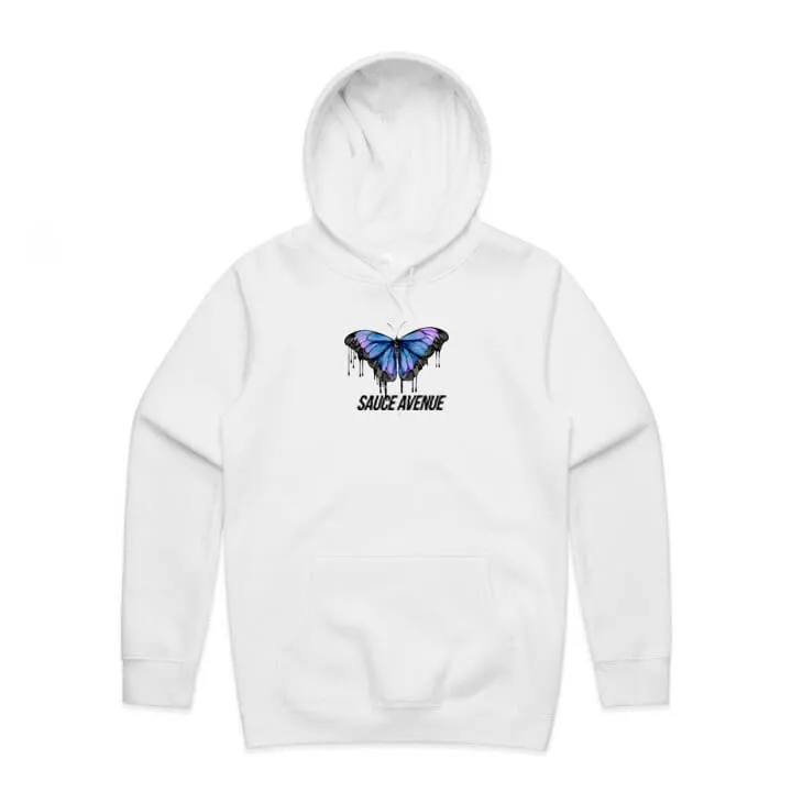 Blue Black Calm & Power Butterfly Drip | White Hoodie (Sleeves)