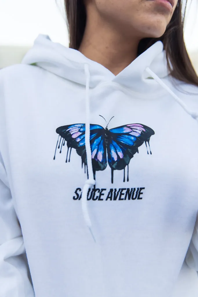 Blue Black Calm & Power Butterfly Drip | White Hoodie (Sleeves)