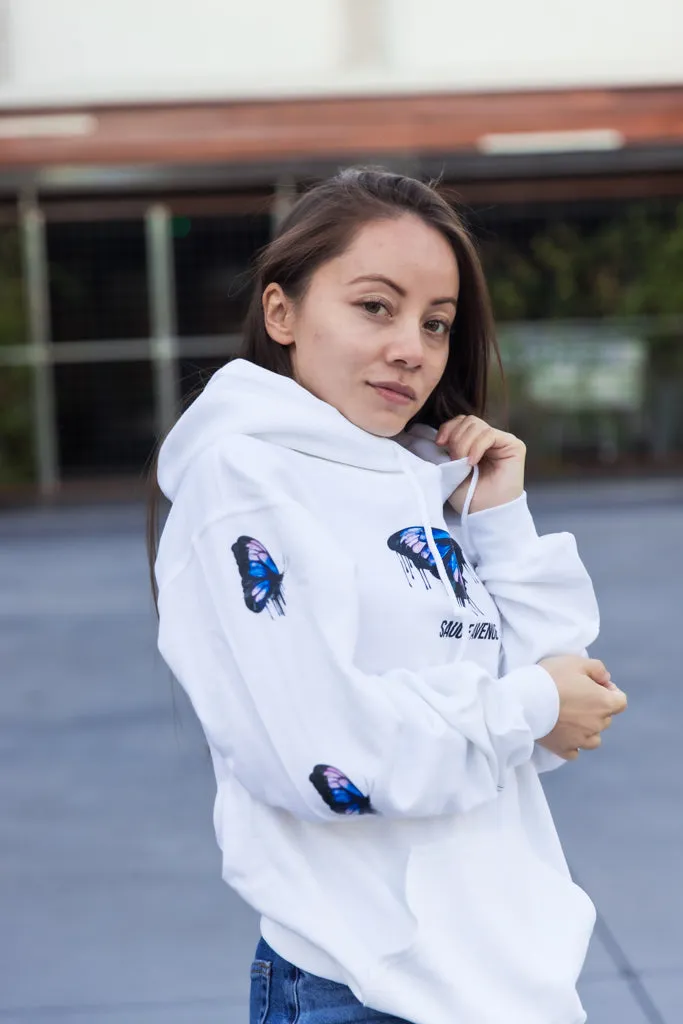 Blue Black Calm & Power Butterfly Drip | White Hoodie (Sleeves)