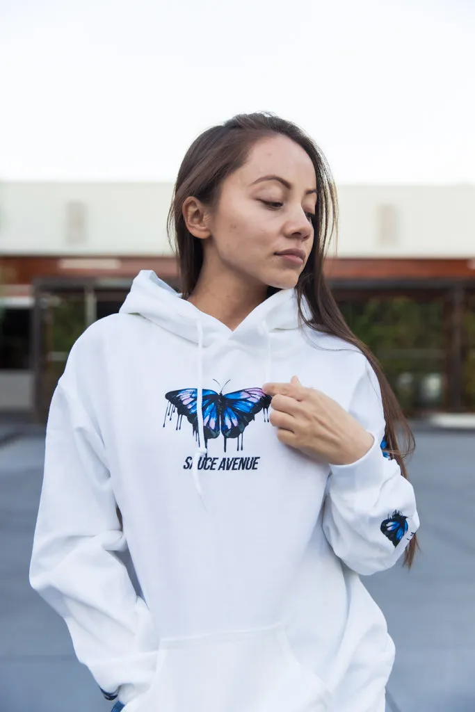 Blue Black Calm & Power Butterfly Drip | White Hoodie (Sleeves)