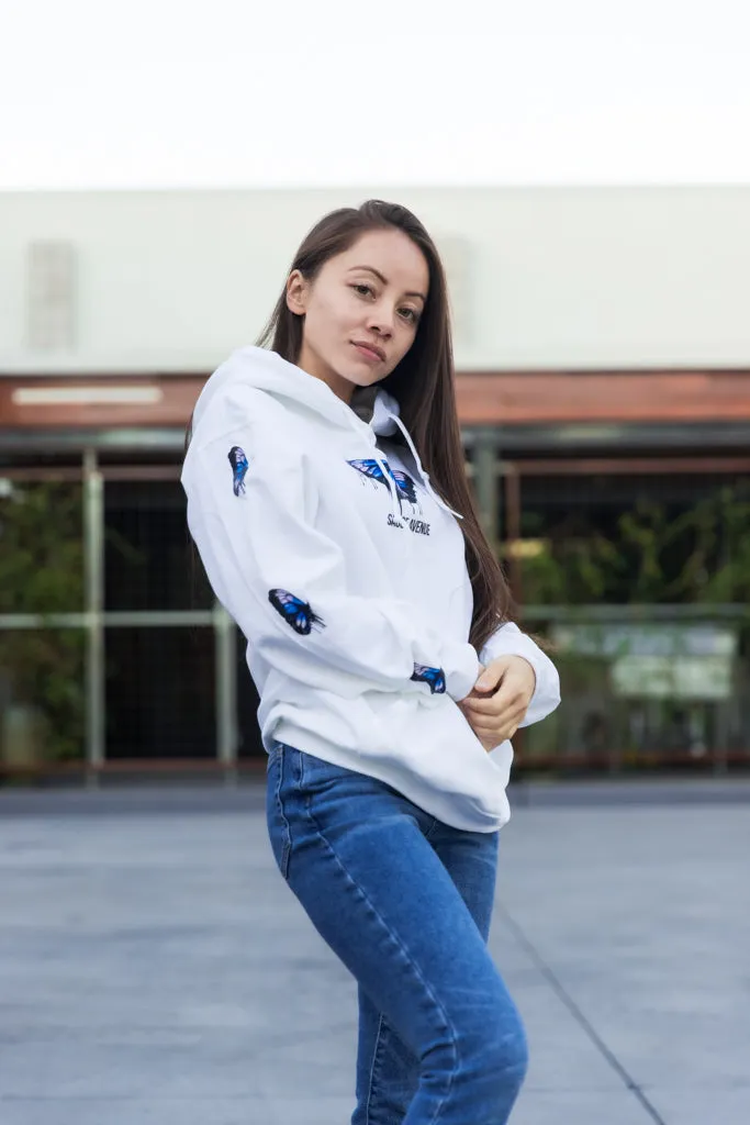 Blue Black Calm & Power Butterfly Drip | White Hoodie (Sleeves)