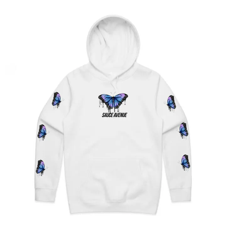 Blue Black Calm & Power Butterfly Drip | White Hoodie (Sleeves)
