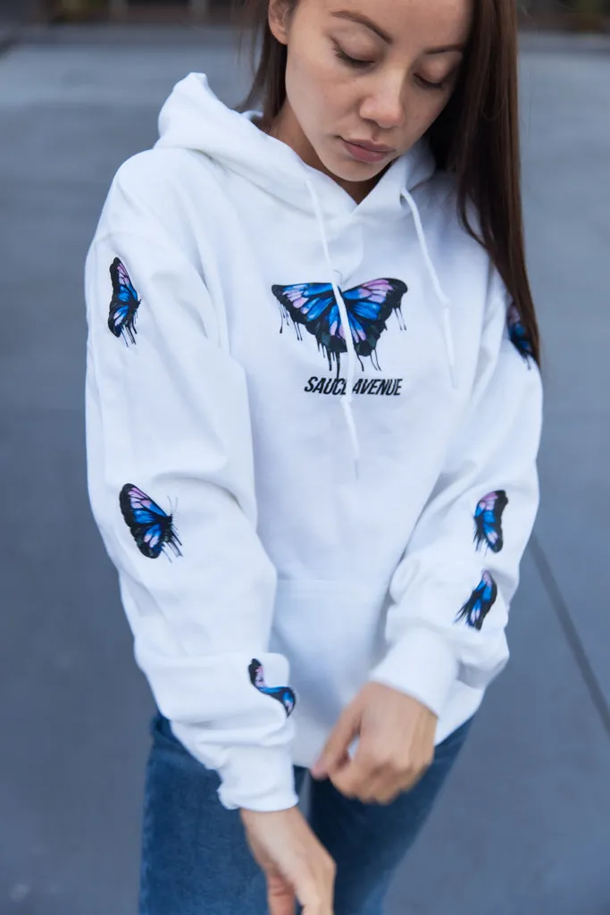 Blue Black Calm & Power Butterfly Drip | White Hoodie (Sleeves)