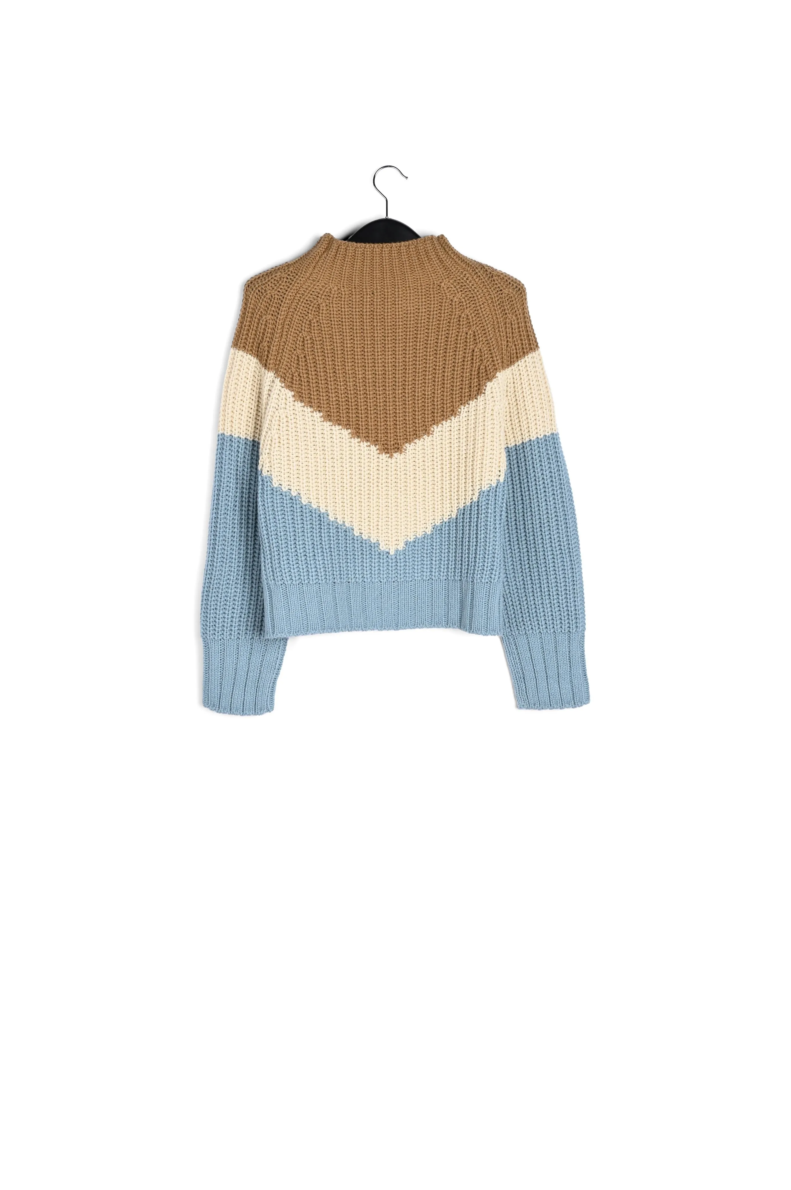 Blue, camel and white v-panel knitted sweater