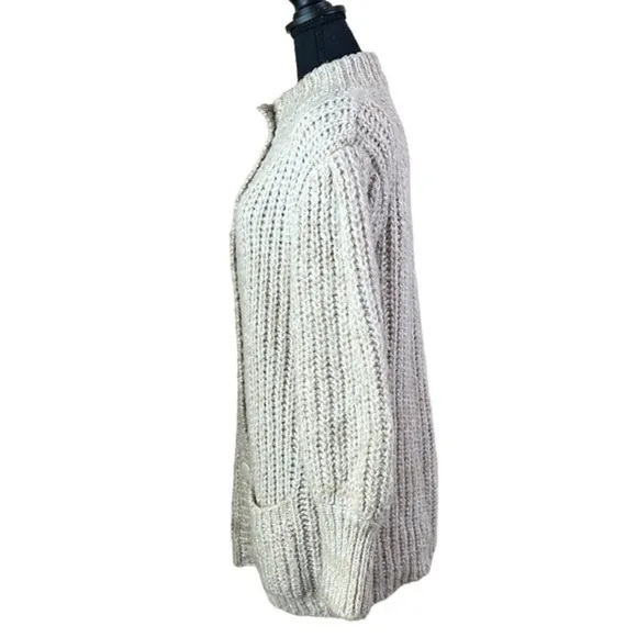 Bramble Lane Vintage Chunky Puff Sleeve Knit Granny Cardigan Oatmeal Size M