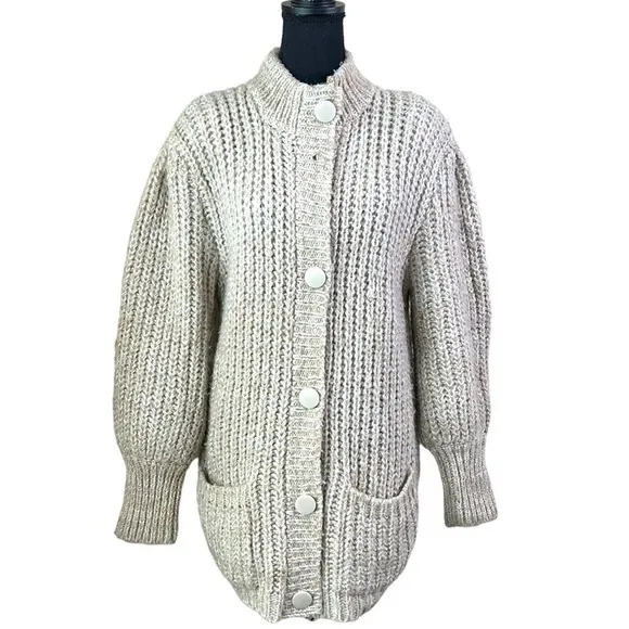 Bramble Lane Vintage Chunky Puff Sleeve Knit Granny Cardigan Oatmeal Size M