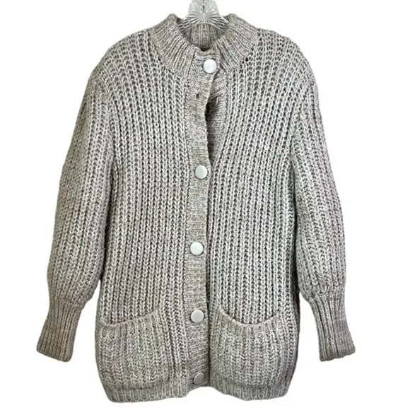 Bramble Lane Vintage Chunky Puff Sleeve Knit Granny Cardigan Oatmeal Size M