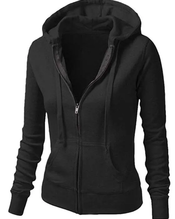 BRANDSTITCH Black Plain Fleece Zipper Hoodie For Women