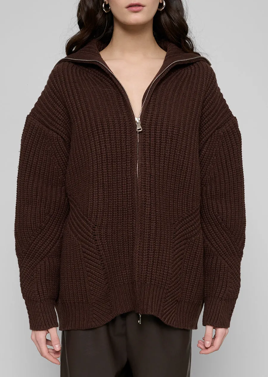 Brown Zip Funnel Neck Sweater