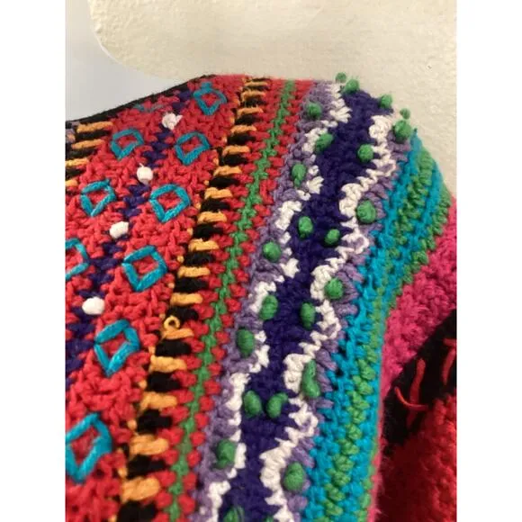 Casual Corner 90's Handknit Vibrant Boxy Chunky Knit Cardigan Cropped Sweater S