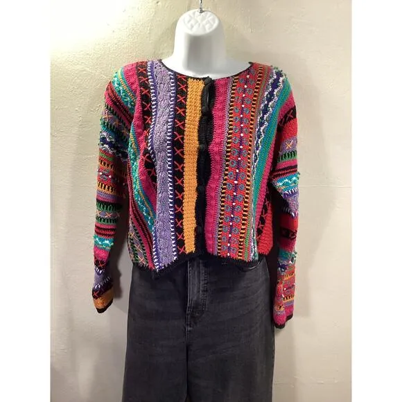 Casual Corner 90's Handknit Vibrant Boxy Chunky Knit Cardigan Cropped Sweater S