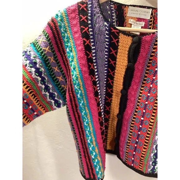 Casual Corner 90's Handknit Vibrant Boxy Chunky Knit Cardigan Cropped Sweater S
