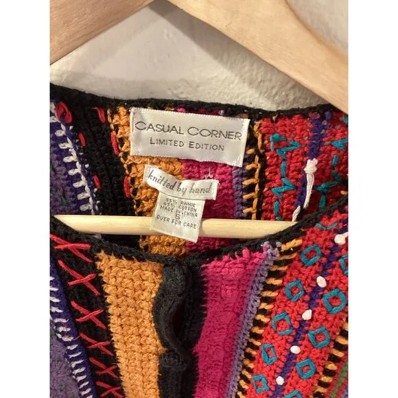 Casual Corner 90's Handknit Vibrant Boxy Chunky Knit Cardigan Cropped Sweater S
