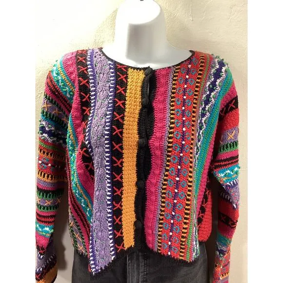 Casual Corner 90's Handknit Vibrant Boxy Chunky Knit Cardigan Cropped Sweater S