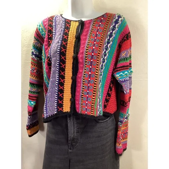 Casual Corner 90's Handknit Vibrant Boxy Chunky Knit Cardigan Cropped Sweater S