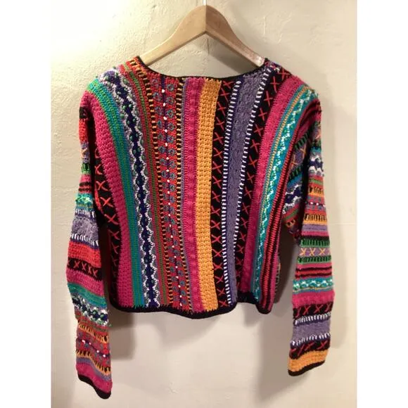Casual Corner 90's Handknit Vibrant Boxy Chunky Knit Cardigan Cropped Sweater S