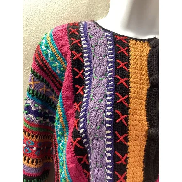 Casual Corner 90's Handknit Vibrant Boxy Chunky Knit Cardigan Cropped Sweater S