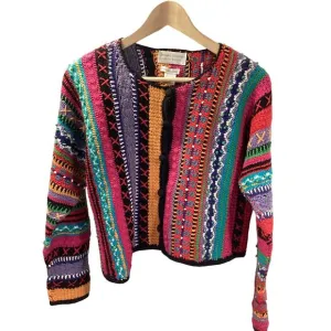 Casual Corner 90's Handknit Vibrant Boxy Chunky Knit Cardigan Cropped Sweater S