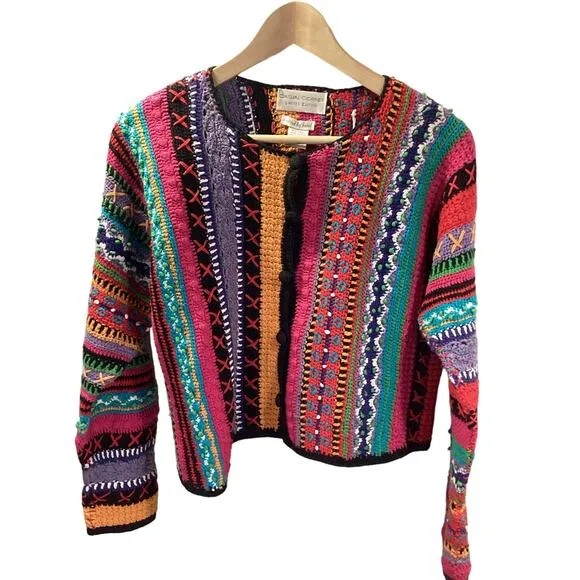 Casual Corner 90's Handknit Vibrant Boxy Chunky Knit Cardigan Cropped Sweater S