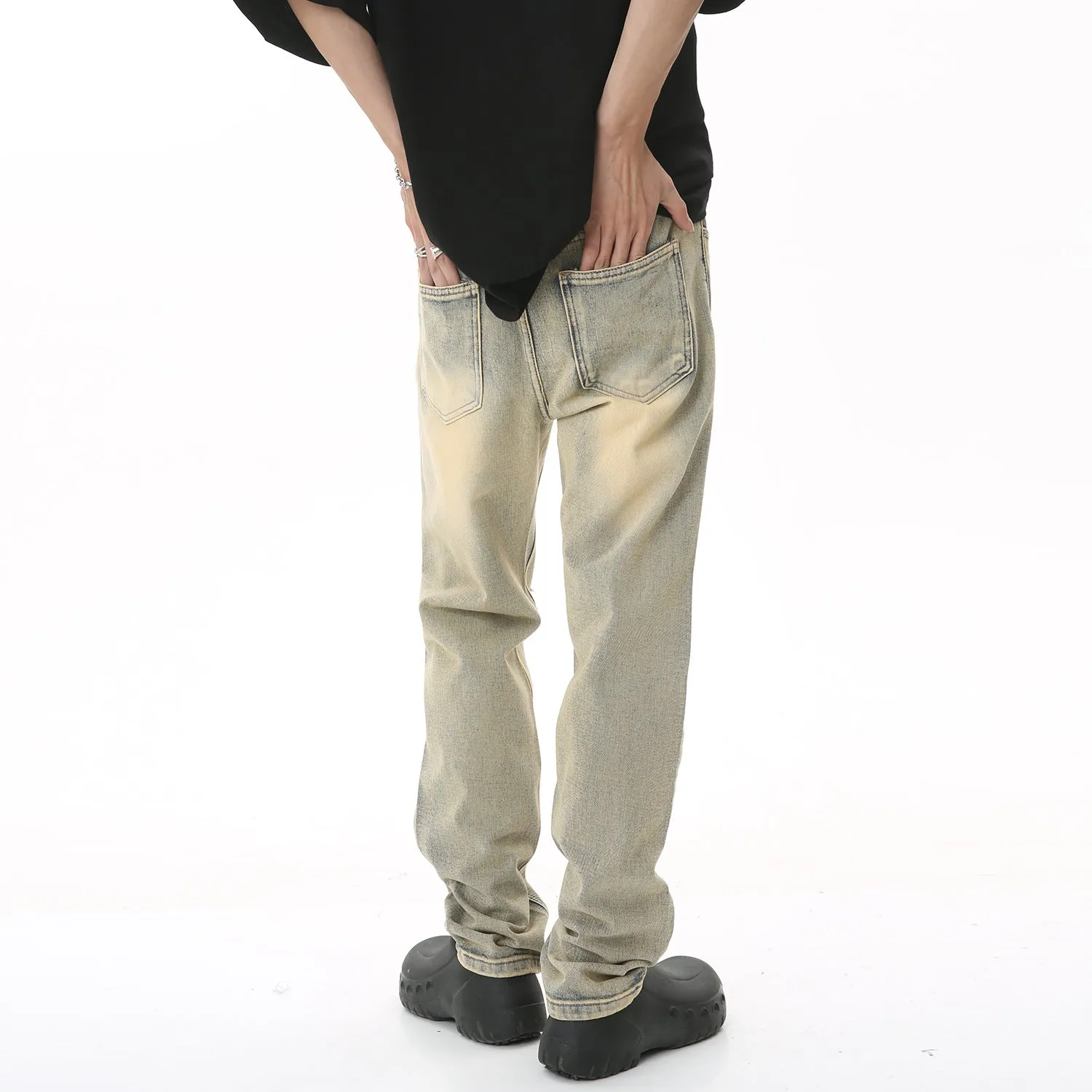 Casual straight-fit ripped mud yellow denim trousers