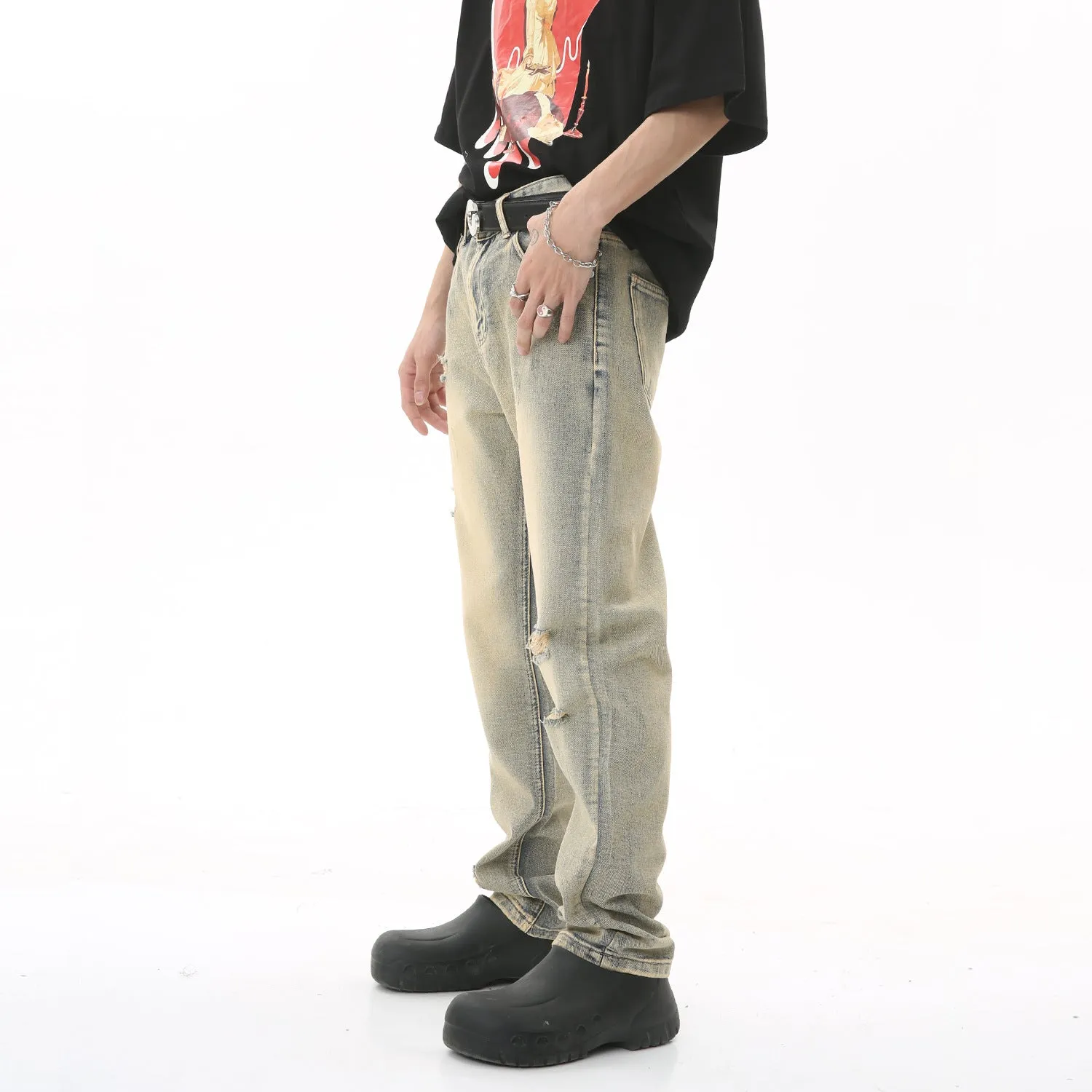 Casual straight-fit ripped mud yellow denim trousers