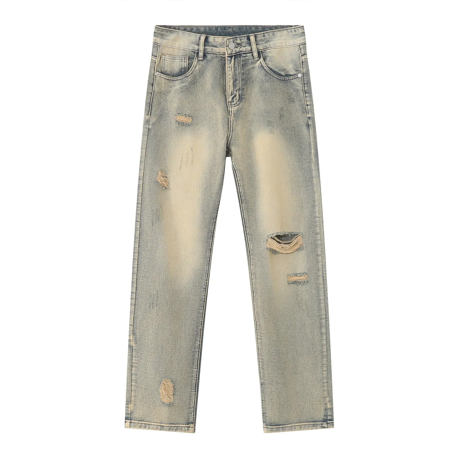 Casual straight-fit ripped mud yellow denim trousers