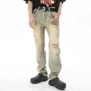 Casual straight-fit ripped mud yellow denim trousers