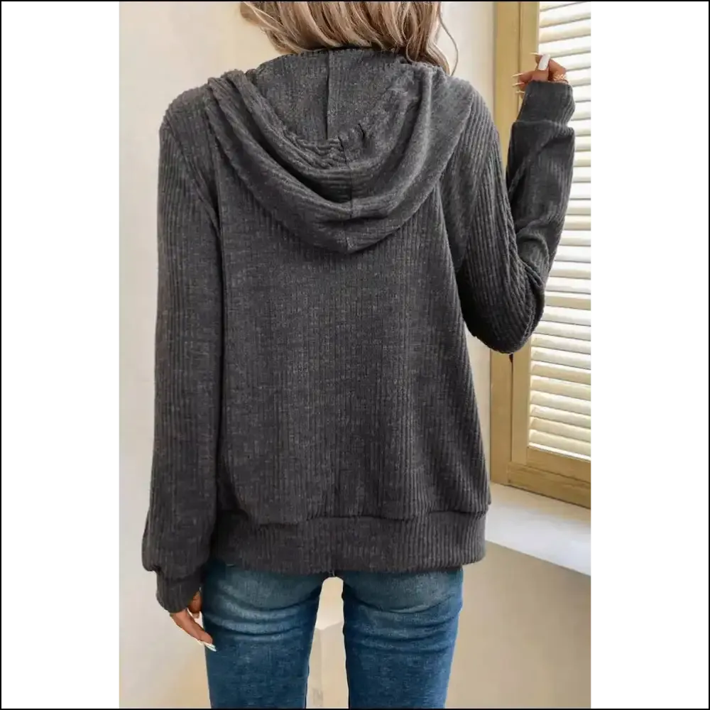 Dark Grey Ribbed Zip Hoodie: Slay , Needful Things! 💀 Chic Dark Grey Domination! Grey Ribbed Zip