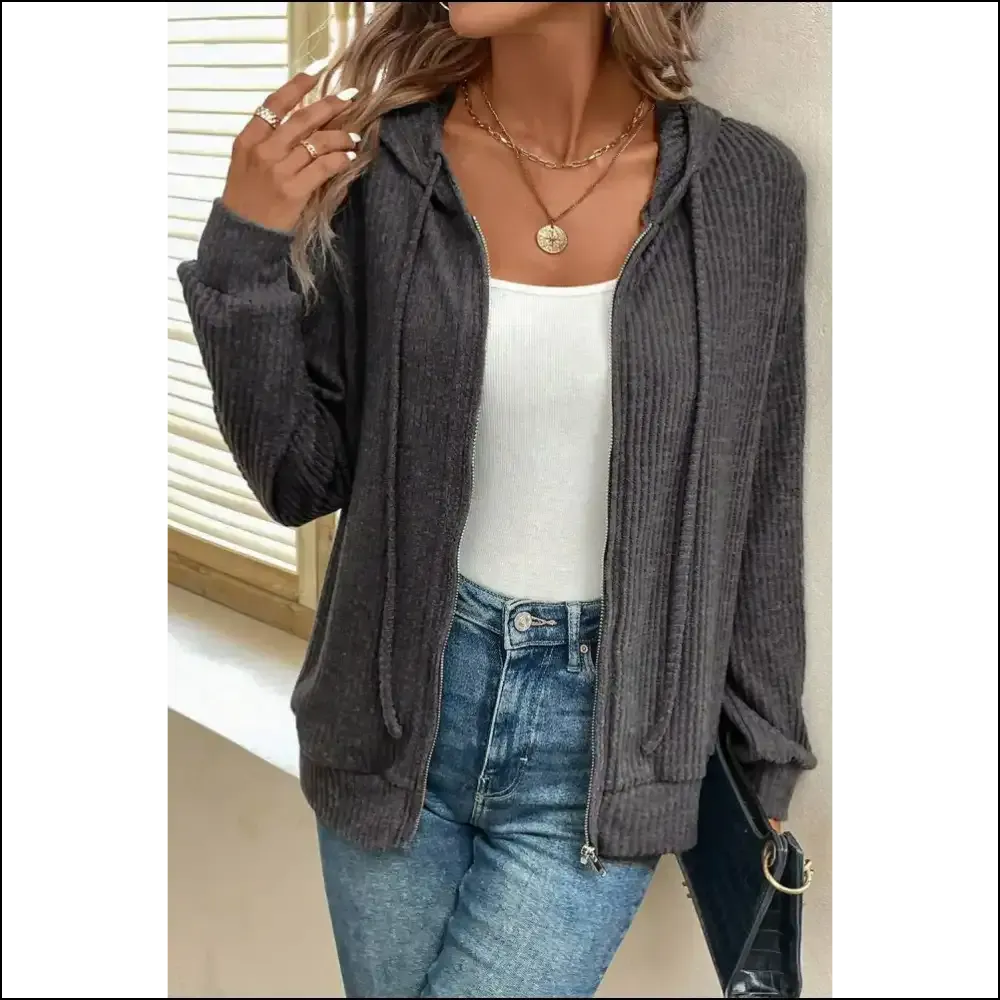 Dark Grey Ribbed Zip Hoodie: Slay , Needful Things! 💀 Chic Dark Grey Domination! Grey Ribbed Zip