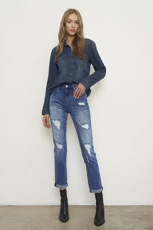 Distressed Front Girlfriend Jeans